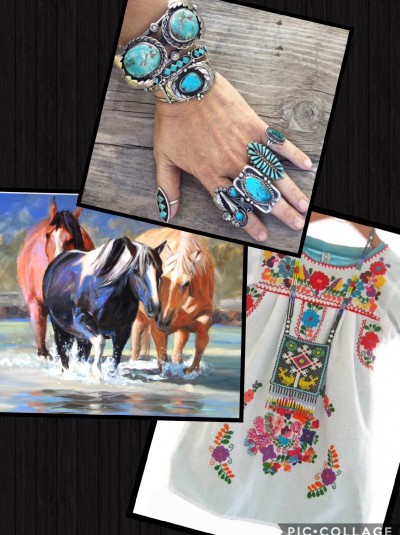 Mexico cotton dress, Navajo turquoise jewelry, artist Diana Maderas horses watercolor